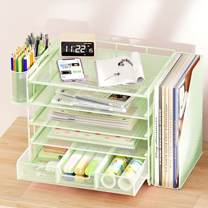 Desk Organizers and Accessories, 5-Tier Paper File Organizer with Drawer & Pen Holder, Office Desk Accessories Workspace Desktop Organizer for Office Supplies((Green)-NeatNest