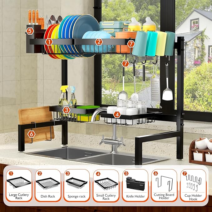 YKLSLH 4 Baskets Over The Sink Dish Drying Rack, Extendable Large Capacity Sink Rack, Metal Drying Rack Saving Space,for Most Sinks (24.8 "-35.4")