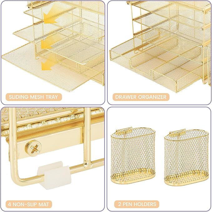 Desk Organizers and Accessories, 5-Tier Paper File Organizer with Drawer & Pen Holder, Office Desk Accessories Workspace Desktop Organizer for Office Supplies(Gold)-NeatNest