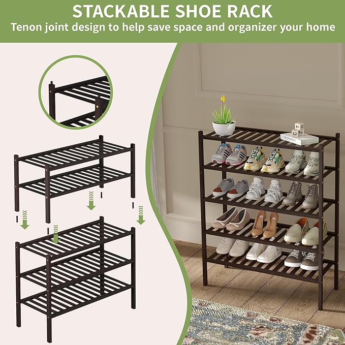 3 Tier Bamboo Shoe Rack for Closet Free Standing Wood Shoe Shelf for Entryway Small Space Stackable 27"x11"x20" (Brown)-NeatNest