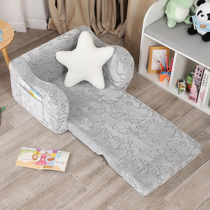 Dinosaur Glow in The Dark Toddler Couch, 2-in-1 Toddler Soft Couch Fold Out with Star Pillow, Convertible Sofa to Lounger for Girls and Boys, 1-Seat-NeatNest