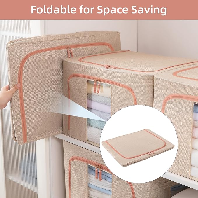 100L Stackable Clothes Storage Bins with Metal Frame Handles & Zipper, Collapsible Closet Organizer Box with Lid for Bedding Blankets Towel (Beige,1 pack)-NeatNest