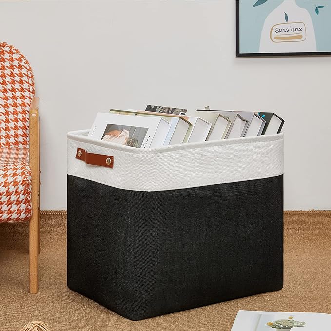 DULLEMELO Large Fabric Basket for Organizing, 17"x12"x15" Storage Basket With Leather Handles, Collapsible Storage Bin for Clothes, Toys, Books, Office, Bedroom, Closet, Nursery&Laundry (White&Black)-NeatNest