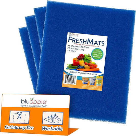 Bluapple FreshMats, Refrigerator Bin Liner, Fridge Drawer Mats, Crisper Life Extender Liner Keeps Produce Fresh Longer, Anti-Bruising, Helps Air Circulation, Washable & Reusable (4-Mats, 12x15, Blue)-NeatNest