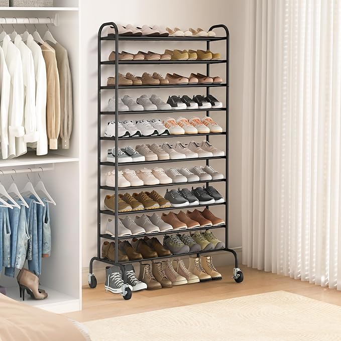 STORAGE MANIAC Expandable Shoe Rack, 44 Pairs Stackable Small Shoe Rack, Metal Adjustable Shoes Organizer for Closet, Entryway, Hallway, Garage, Front Door, Shoes Shelves, Black 10 Tier-NeatNest
