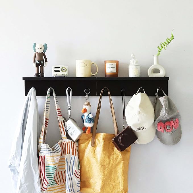 Entrance Coat Rack ,Coat Hooks, Wall-Mounted Wooden Hook Rack, Wall-Mounted Shelves are Very Suitable (Black Finish-2)