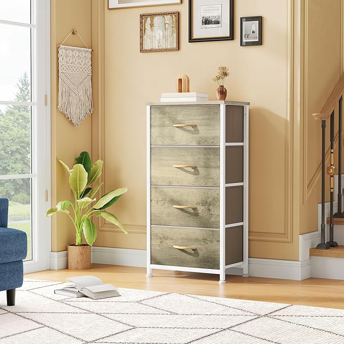 DWVO Dresser with 4 Drawers - Fabric Storage Tower, Organizer Unit for Room, Hallway, Hallway, Closets - Sturdy Steel Frame, Wooden Top & Easy Pull Fabric Bins (Oak Greige)-NeatNest