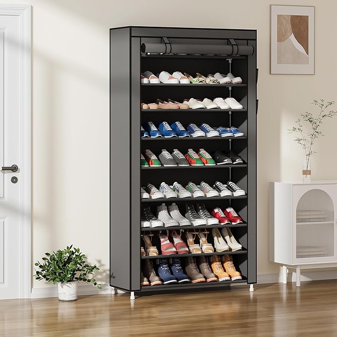 Laiensia 9-Tier Vertical Shoe Rack Organizer, Space Saving Shoe Storage Organizer, Non-Woven Cover Shoe Shelf Holds 36-45Pairs for Bedroom, Hallway, Closet Entryway, Grey-NeatNest