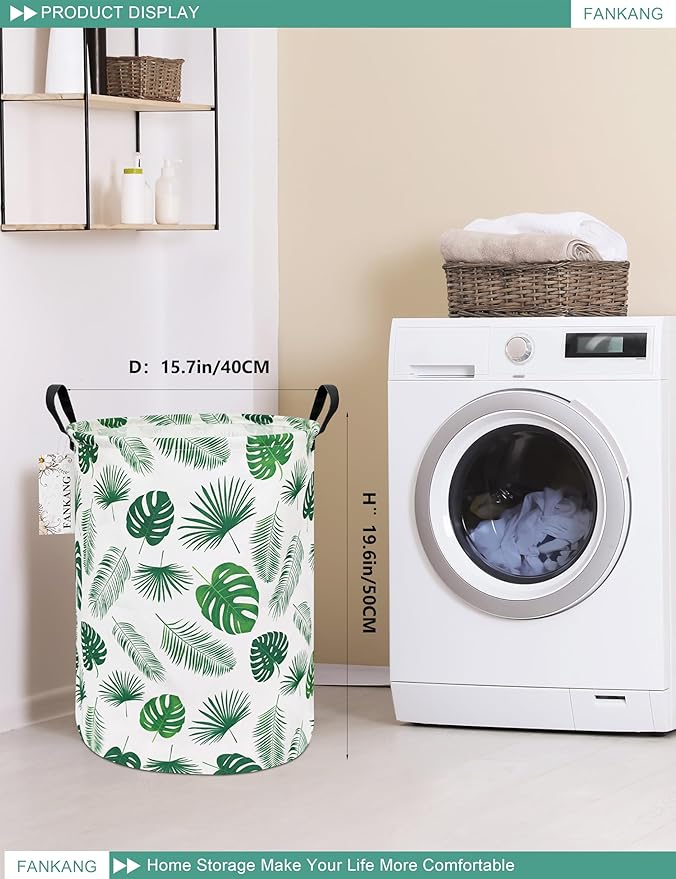 FANKANG Storage Basket, Nursery Hamper Canvas Laundry Basket Foldable with Waterproof PE Coating Large Storage Baskets for Kids Boys and Girls, Office, Bedroom, Clothes,Toys(Leaf)