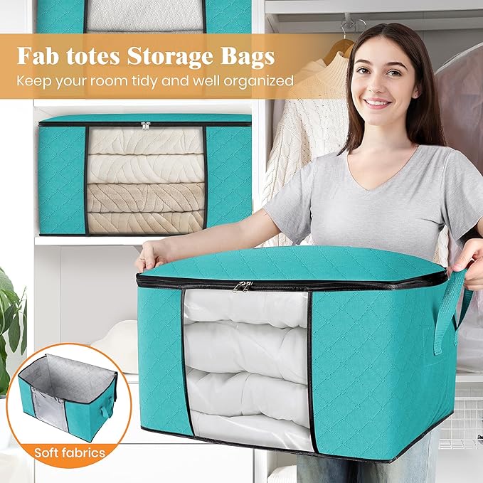 Fab totes 10 Pack Clothes Storage, Foldable Thick Fabric Blanket Storage Bags, Containers for Organizing Bedroom, Closet, Clothing, Comforter,Closet Organization with Handle,Green-NeatNest