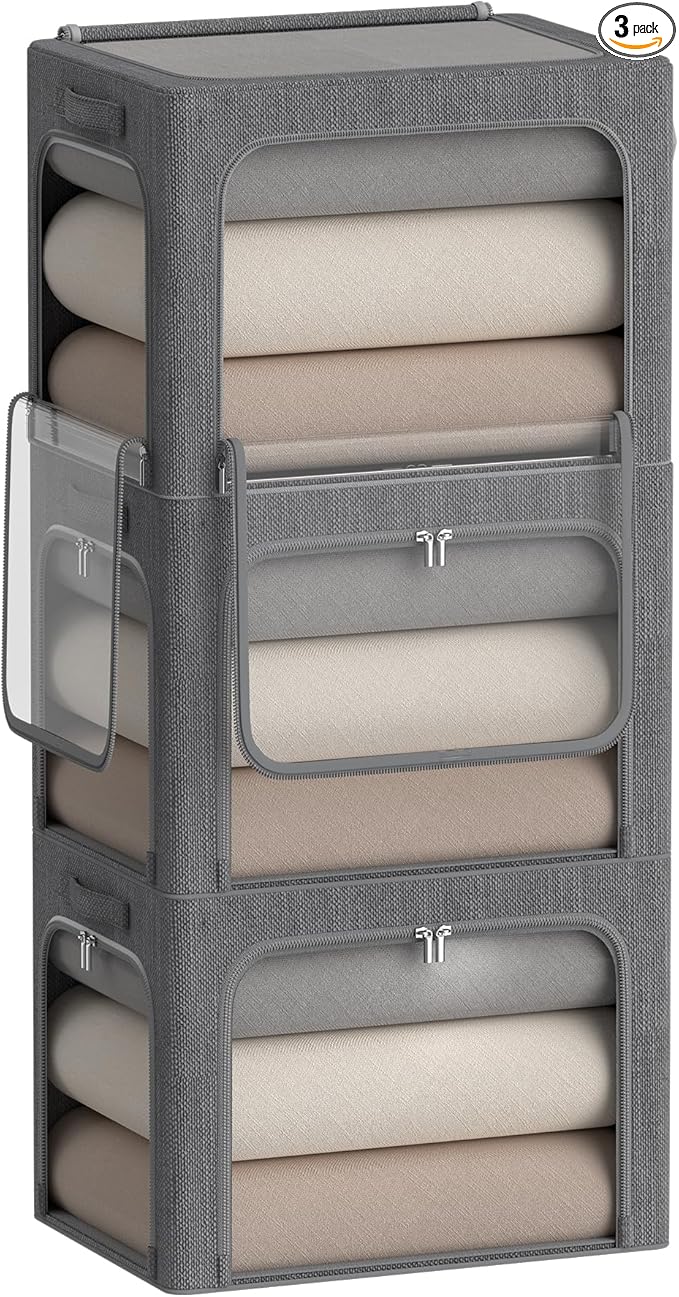3 Openings Clothes Storage Bins Box - 3Pack Stackable Foldable Bin With Metal Frame - Clothing Organizer With Clear Window, Carry Handles (36L-15.7x11.8x11.8in, Dark Grey)-NeatNest