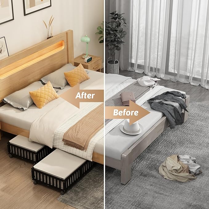 Bamboo Under Bed Storage Containers with Wheels, 2 Pack Under the Bed Shoe Storage Bins, Wood Rolling Underbed Drawers Organizer for Bedroom, Closet, Clothes Blanket Comforter and Under Crib Toy Black-NeatNest
