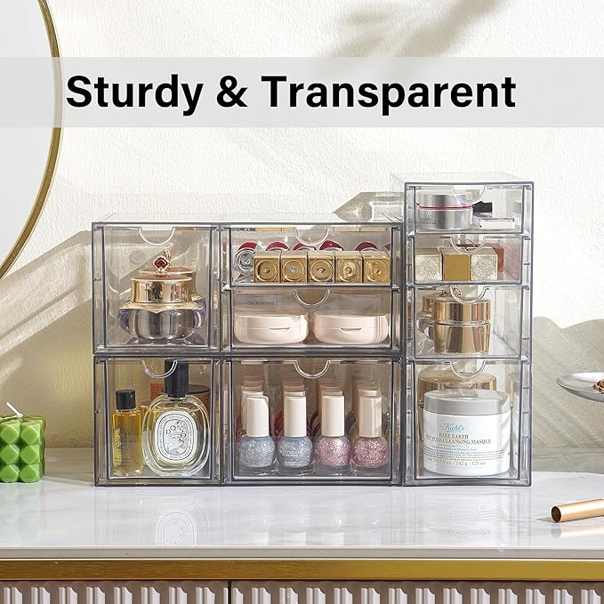 Prsildan Acrylic Drawer Makeup Organizer with 9 Drawers, Set of 3 Office Desk Organizers Accessories, Clear Stackable Storage Drawers for Vanity, Countertop, Craft, Jewelry, Art Supply Organization-NeatNest