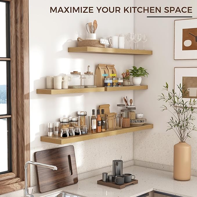 Floating Shelves for Wall, 48"W x 9"D x 1.5"H, 2 Pack of Long Wall Mounted Engineered Wood Shelves with Invisible Brackets for Living Room, Bedroom, Bathroom, Kitchen Decor and Storage, Oak-NeatNest