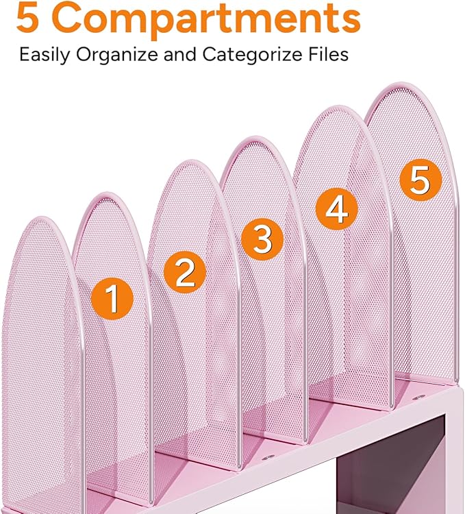 5-Section Desk File Organizer, Metal Mesh Folder Organizer for Documents, Mail & Office Papers (Pink)
