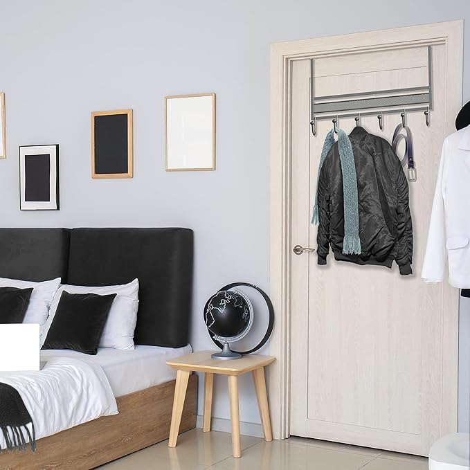 Deco Brothers Over The Door Hook Organizer with 6 Hooks, Silver-NeatNest