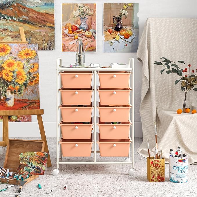 Moccha Rolling Cart with 10 Drawers - Under Desk Storage Drawers with wheels for Craft Art Supply Paper Salon, Under Desk Cabinet on Wheels, Multipurpose Movable Utility Cart for Classroom