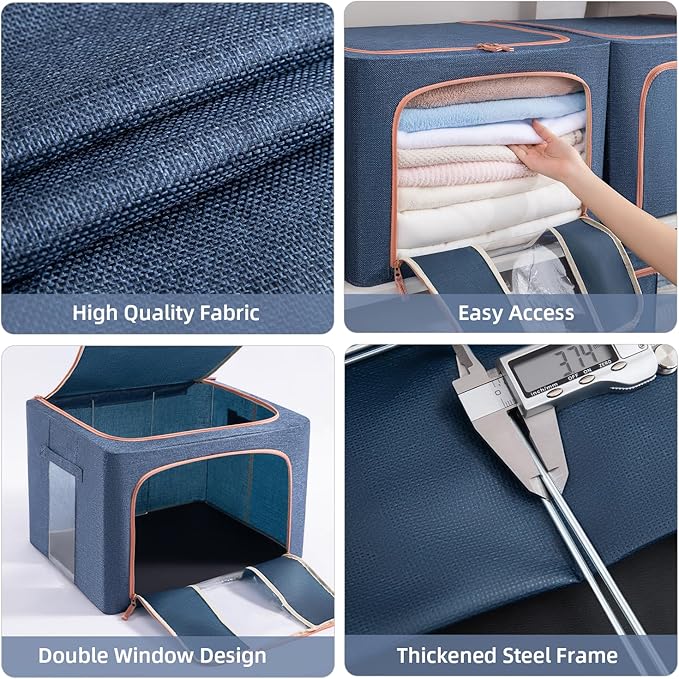 100L Stackable Clothes Storage Bins with Metal Frame Handles & Zipper, Collapsible Closet Organizer Box with Lid for Bedding Blankets Towel (Navy,1 pack)-NeatNest