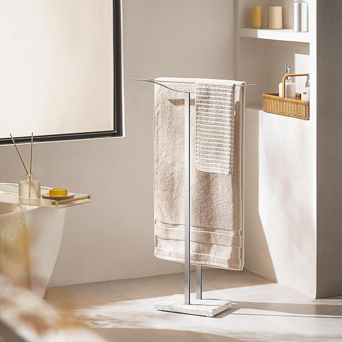 Bathroom Towel Rack Freestanding Floor Stand: Brushed 36in 2‑Bar Weighted Marble Base Towel Holder, Rustproof 304 Stainless Steel Drying Rack for Bath&Hand Towels, No‑Drill Slim Organizer, Spa Pool