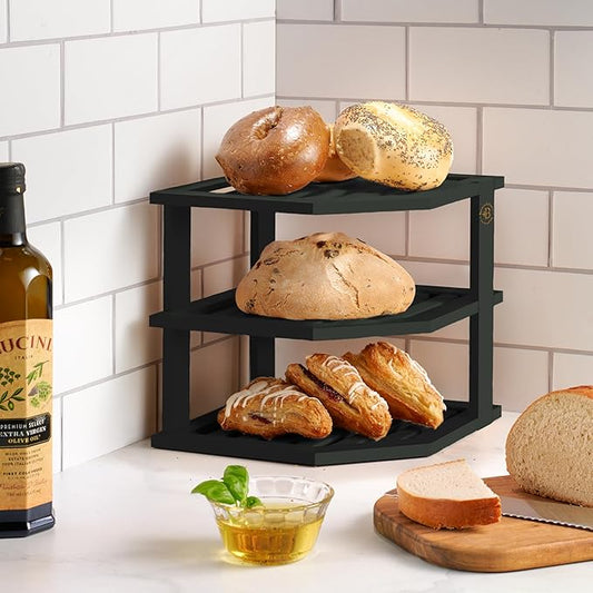 Cabinet Organizer Shelf - Bamboo Corner Rack for Kitchen Counter, Cabinet Space Saver for Plates, Dishes, Bowls, Bread Pantry, Bathroom Storage or Countertop Stand, Black-NeatNest