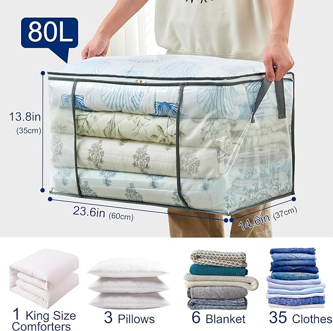 80L Clear Large Storage Bag, Clothes Storage Containers for Organizing Closet, Bedroom, Underbed, Comforters, Clothing, Blankets, Pillow, Foldable Organizer with Sturdy Handle and Zippers (3)-NeatNest