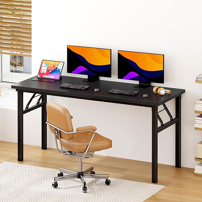 DlandHome Computer Desk 62 inches Office Desk Computer Table Study Writing Desk Workstation for Home Office Metal Frame Black and Black-NeatNest