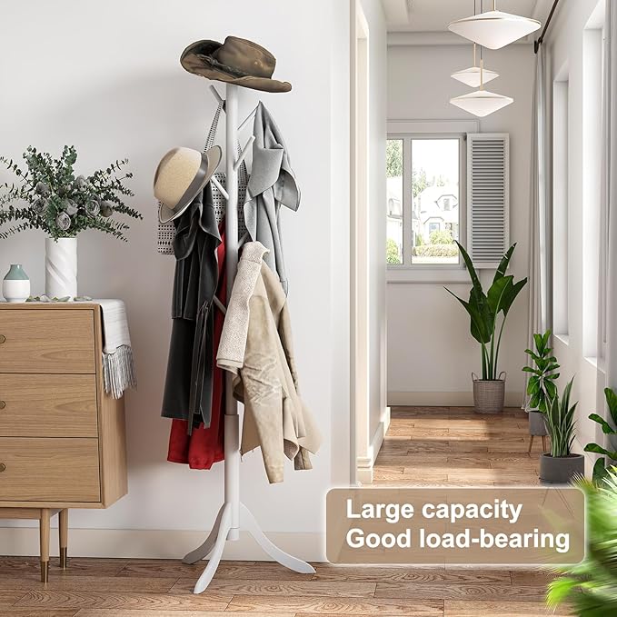 Coat Rack Freestanding, Coat Stands Entryway, Bamboo Coat Rack Hat Hanger 8 Hook for Jacket, Purse, Scarf Rack, Umbrella Tree Stand (White)-NeatNest