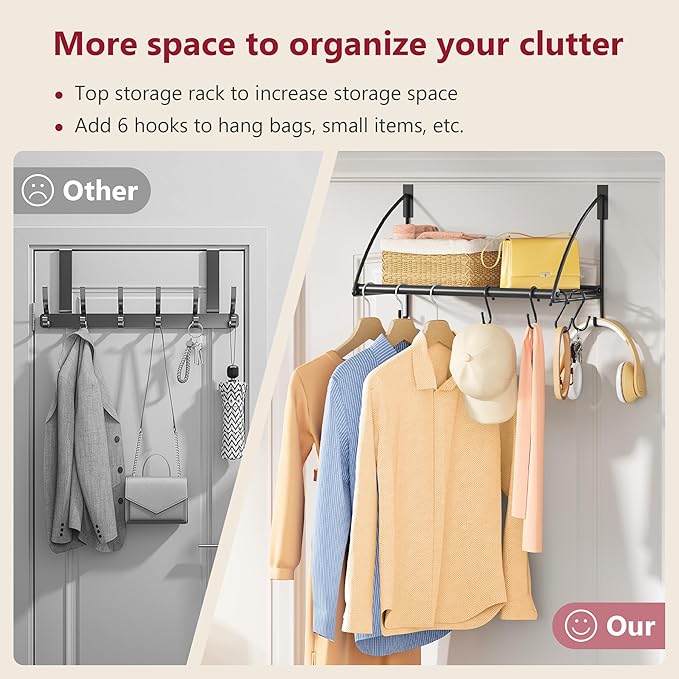 Tajsoon Over The Door Hanger with Storage Rack and 6 Hooks, Over The Door Clothes Racks for Hanging Towel & Coat, Door Rack Hanger for Bathroom, Bedroom, Living Room, Black