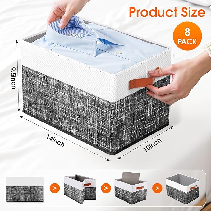 Fab totes Collapsible Storage Baskets for Shelves,14"x10", 8 Pack Foldable Fabric Storage Bins with Double Leather Handles, Large Baskets for Organizing Books, Clothes, White & Black