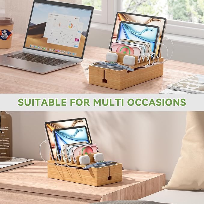 Pezin & Hulin Bamboo Charging Stand Rack, Wooden Charge Box for Mobile Phones, Tablets, Smart Watch and Earbuds, Wire Cable Organizer Box, Bedside Dock Stand Holder (NO Power Adapter Supply) -Natural