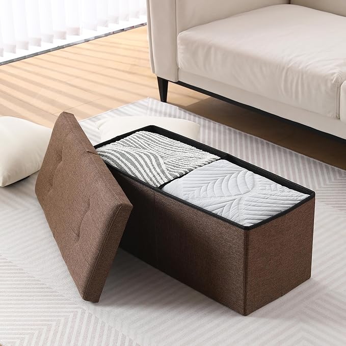 CUYOCA Storage Ottoman Bench Foldable Seat Footrest Shoe Bench End of Bed Storage with Flipping Lid, 75L Storage Space, 30 inches Linen Fabric Brown-NeatNest