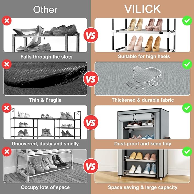 Shoe Rack with Cover Narrow Shoe Rack Organizer with 4 Side Pockets 10 Tier Tall Shoe Storage Shoe Shelf Holds 18-22 Pairs Shoes and Boots Shoe Rack for Closet, Grey-NeatNest