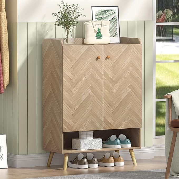 Anmytek Accent 6-Tier Wooden Shoe Cabinet with Adjustable Shelves and Doors, Farmhouse Storage for Entryway or Hallway