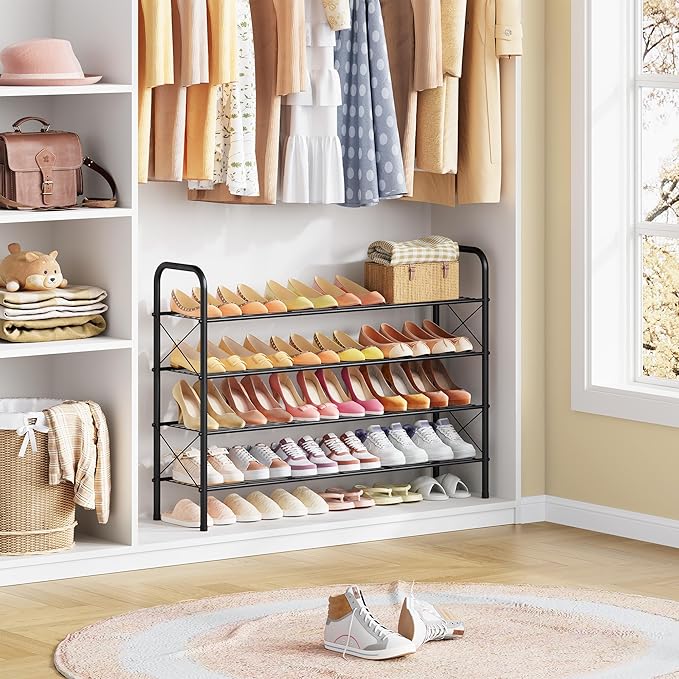 Hoctieon 4 Tier Mesh Style Shoe Rack, Entryway Shoe Shelf, Shoe Storage Organizer, Shoe Rack for Closet, Space Save for Bathroom, Garage, Hallway, Bedroom, Living Room, Black-NeatNest