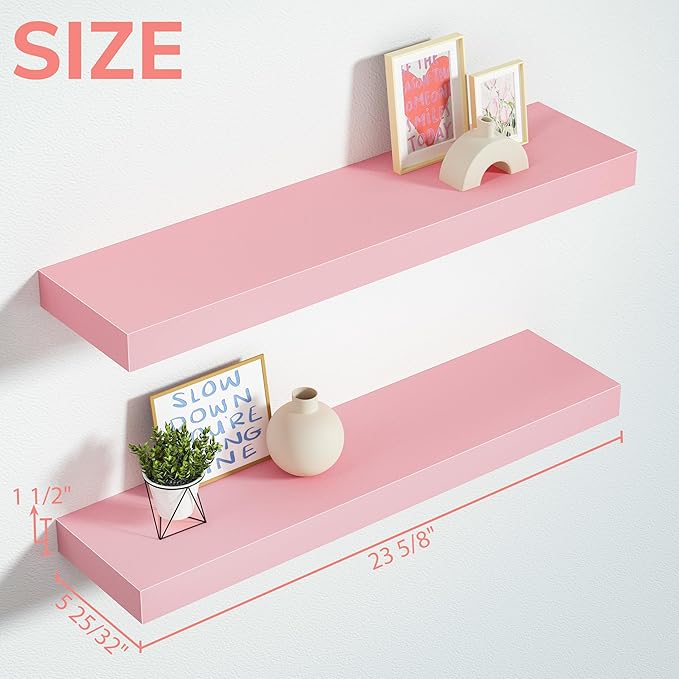 BAMEOS Pink Floating Shelves for Wall, 24" x 6" Wall Shelves for Room, Floating Book Shelves, Hanging Shelves for Bedroom, Bedroom, Living Room, Kitchen (Set of 2)-NeatNest