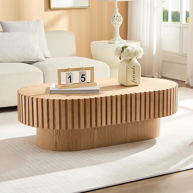 kevinplus 43.7'' Wood Coffee Table Modern Coffee Table for Living Room, Contemporary Circle Fluted Drum Pedestal Style, Easy Assembly, Oak