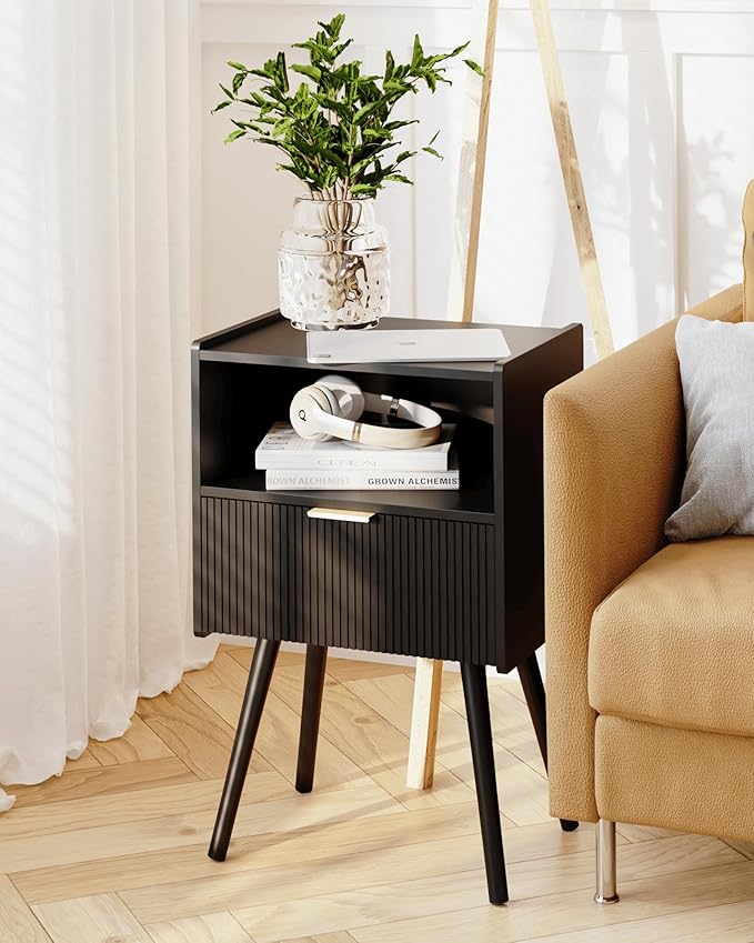 Black Nightstand,Modern Bedside Table with Storage Drawer and Open Wood Shelf, for Living Room, Bedroom and Small Spaces, Accent Night Stand with Solid Wood Legs, Easy Assembly,Classic Black-NeatNest