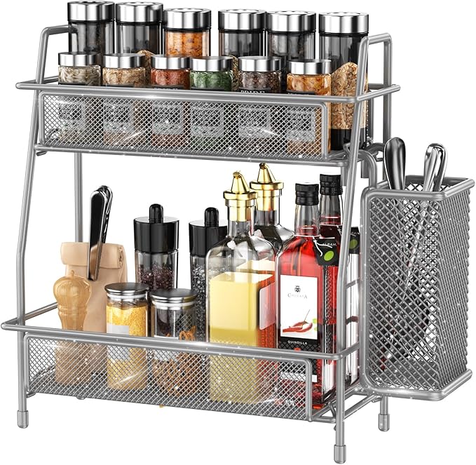 LEMIKKLE Spice Rack Organizer for Kitchen Counter, Spices Organizer and Storage Seasoning Organizer for Cabinet, Kitchen Metal Countertop Organizer with Side Basket (Grey)-NeatNest