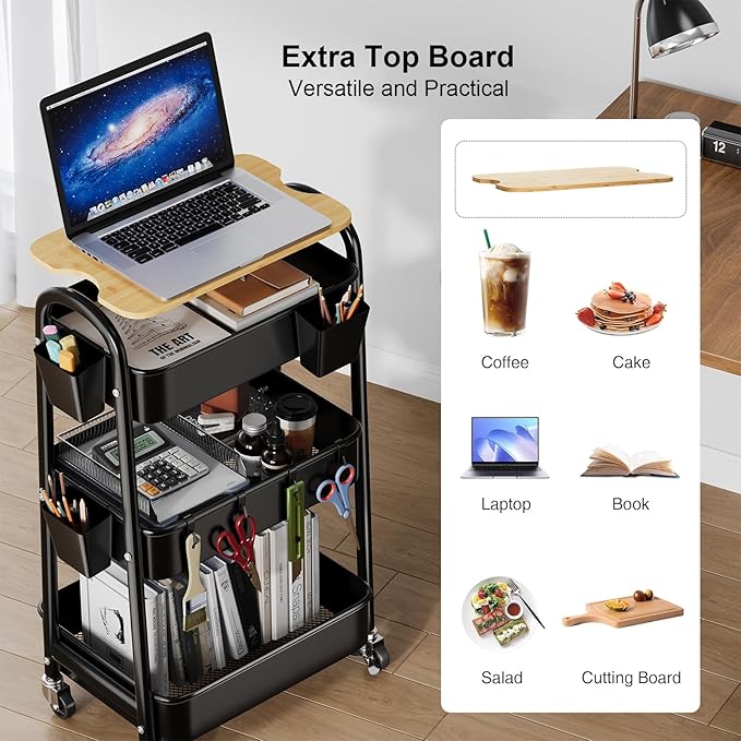 3 Tier Metal Rolling Cart with Wheels and Wooden Table Top, Three Tiered Craft Cart Organizer on Wheels, Black Storage Utility Carts for Art, Diaper Caddy, Baby Nursery, Office, Laundry, Snack, Book