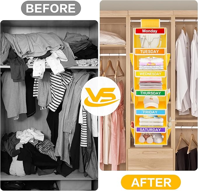 6-Shelf Weekly Closet Hanging Organizer for Kids, YOCOMEY 6-Grid Days of the Week Baby Kids Clothing Organizer Monday through Saturday, Foldable Oxford Cloth Closet Clothes Weekday Storage (New Yellow-NeatNest