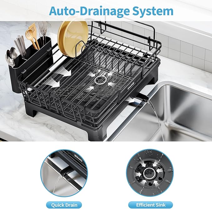 Dish Drying Rack, Extendable Dish Rack for Kitchen Counter, Large Sink Drying Dish Drainer, Stainless Steel Dish Strainer with Drainboard & Cups Holder, Black