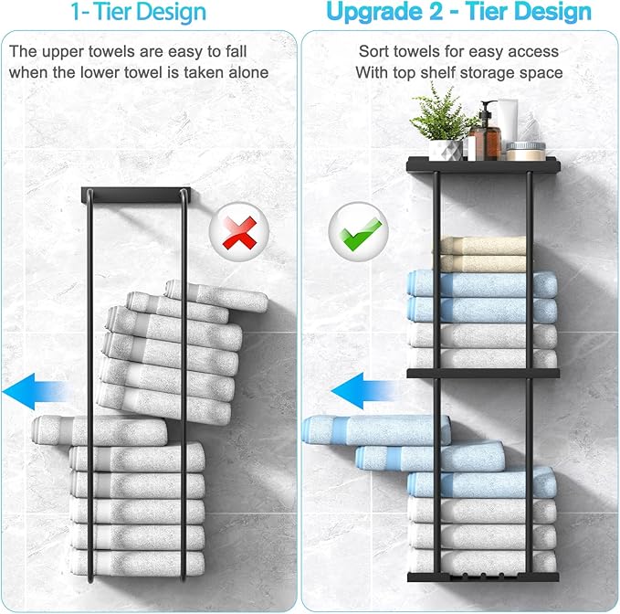 Towel Rack for Bathroom, Wall Mounted Vertical Rolled Towel Storage Organizer Holder with Shelf, Holds Up 6 Large Bath Sheets, Black Large Size
