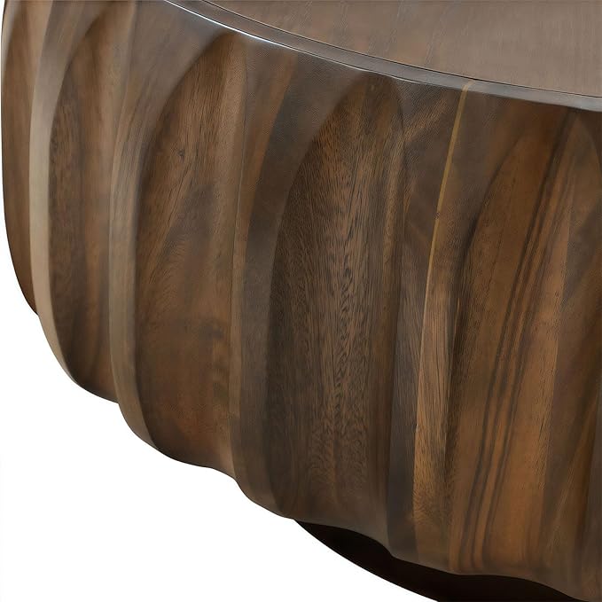 kevinplus 31.5'' Walnut Round Wood Coffee Table for Living Room, Modern Contemporary Circle Fluted Drum Pedestal Coffee Table, Natural Wood Grain & Easy Assembly, Walnut