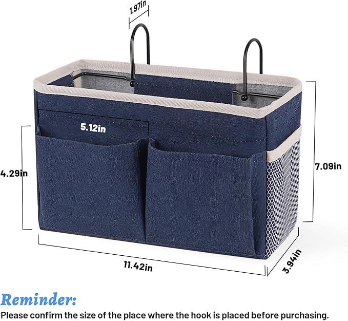 Bedside Caddy Hanging Storage with Water Bottle Holder for Bunk Bed Hospital Bed Dorm Rooms (Dark Blue)-NeatNest