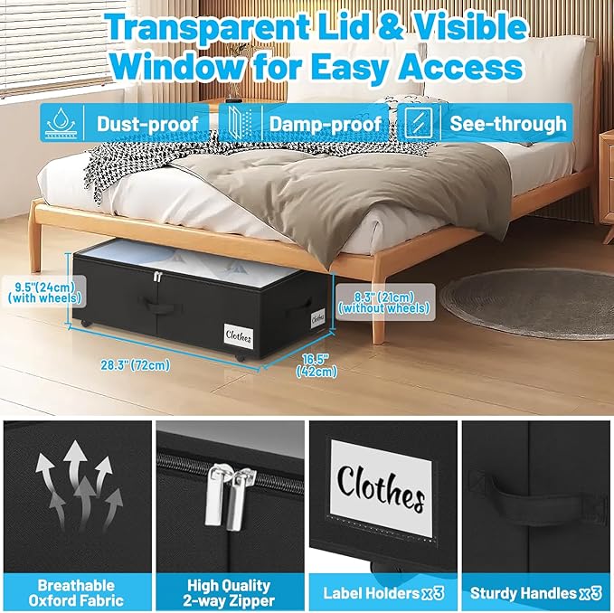 2 Pack Under Bed Storage with Wheels 10" Height, Rolling Storage Bins XXL 60L, Underbed Shoe Storage Containers with Label & Clear Lid, Dorm Under bed Drawers for Clothes, Shoes, Quick Assembly, Black-NeatNest