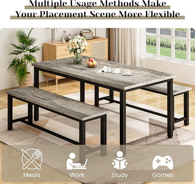DKLGG Dining Room Table Set for 4, 47" Farmhouse Dining Table with Benches 3 Pieces Rectangular Kitchen & Dining Room Sets for Small Space, Restaurant, Apartment, Grey & Black-NeatNest