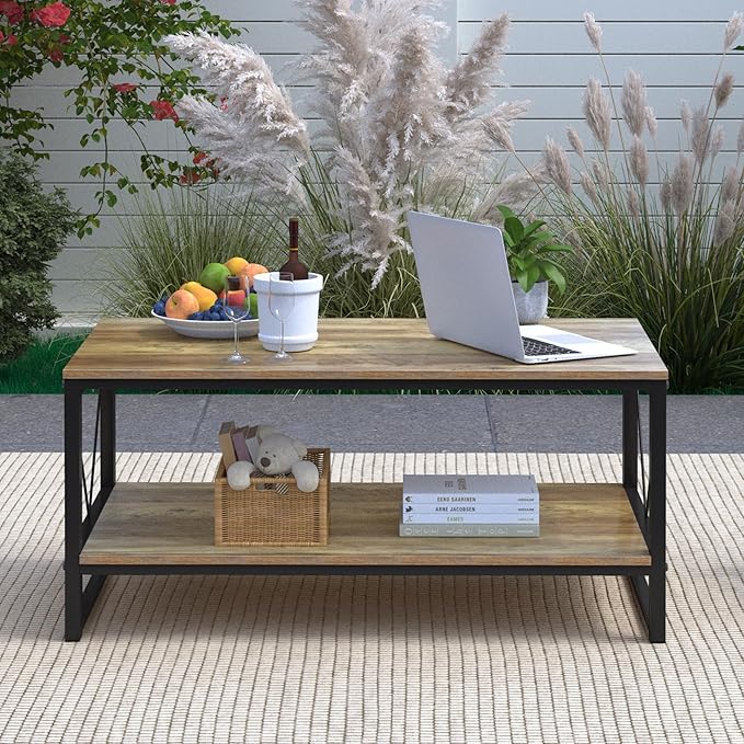 Rectangle Coffee Table Tea Table with Storage Shelf, Farmhouse Wooden Coffe Table for Living Room Table, 40" Rustic Center Table 2-Tier Minimalist Coffee Table Easy Assembly (Natural Wood)-NeatNest