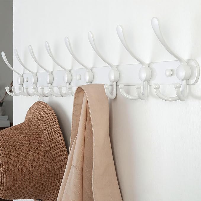 Dseap Coat Rack Wall Mount - 29.5” Long 8-Tri-Hooks Heavy Duty Coat Hanger Rail Wall Hooks for Hanging Coats Hats Clothing Clothes Purse Mudroom Entryway, White, Pack of 2-NeatNest