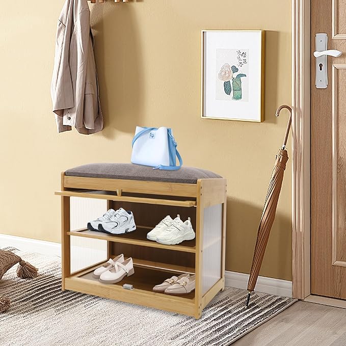 Eapmic Shoe Storage Bench, Entryway Shoe Rack Bench with Padded Seat Cushion, 2-Tier Shoe Cabinet, Bamboo Shoe Organizer for Hallway Bedroom Living Room Front Door (Burlywood, 19.69 * 12.6 * 17.32in)