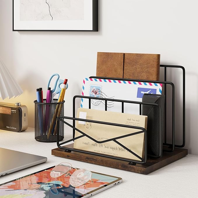 Desktop Mail Sorters Desk Mail Organizer-with 2 or 3 Slot Matte Black Metal Desktop Mail Sorter Metal Storage File Holder Letter Sorter Organizer for Home or Office Desktop (3 Slot)-NeatNest
